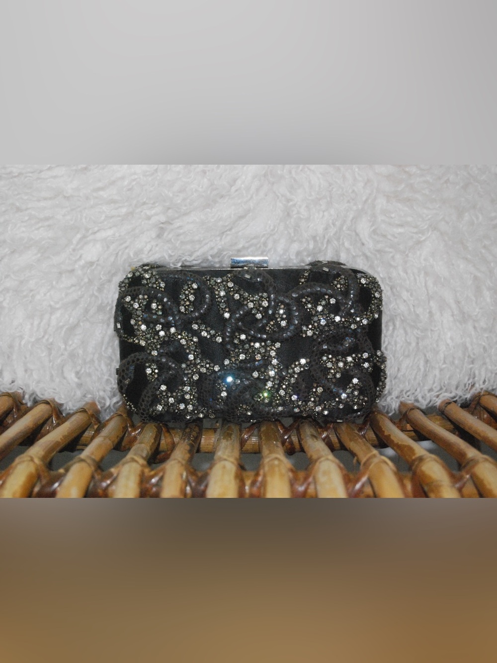 Black Beaded Snake Motif Sequin Evening Clutch
